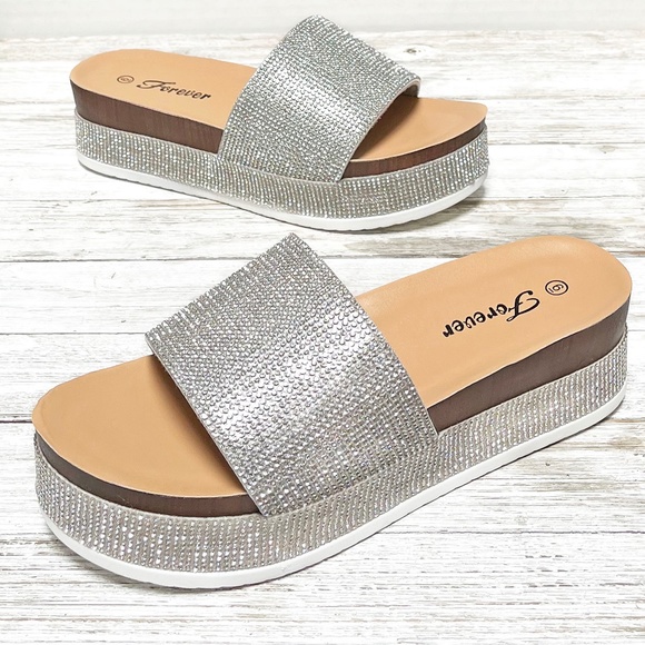 New Silver Rhinestone Slip On Platform Wedge Sandals - Picture 1 of 3